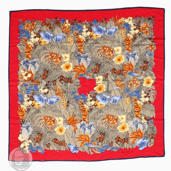 Versace Scarf Shawl Red Silk Bold Abstract Floral Print Large 35in Vintage 1990s - Picture 3 of 14